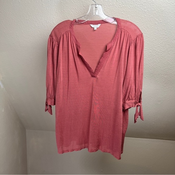 LUCKY BRAND Rose tone Striped Short Sleeves with Ties Top. Size Large - Picture 1 of 7